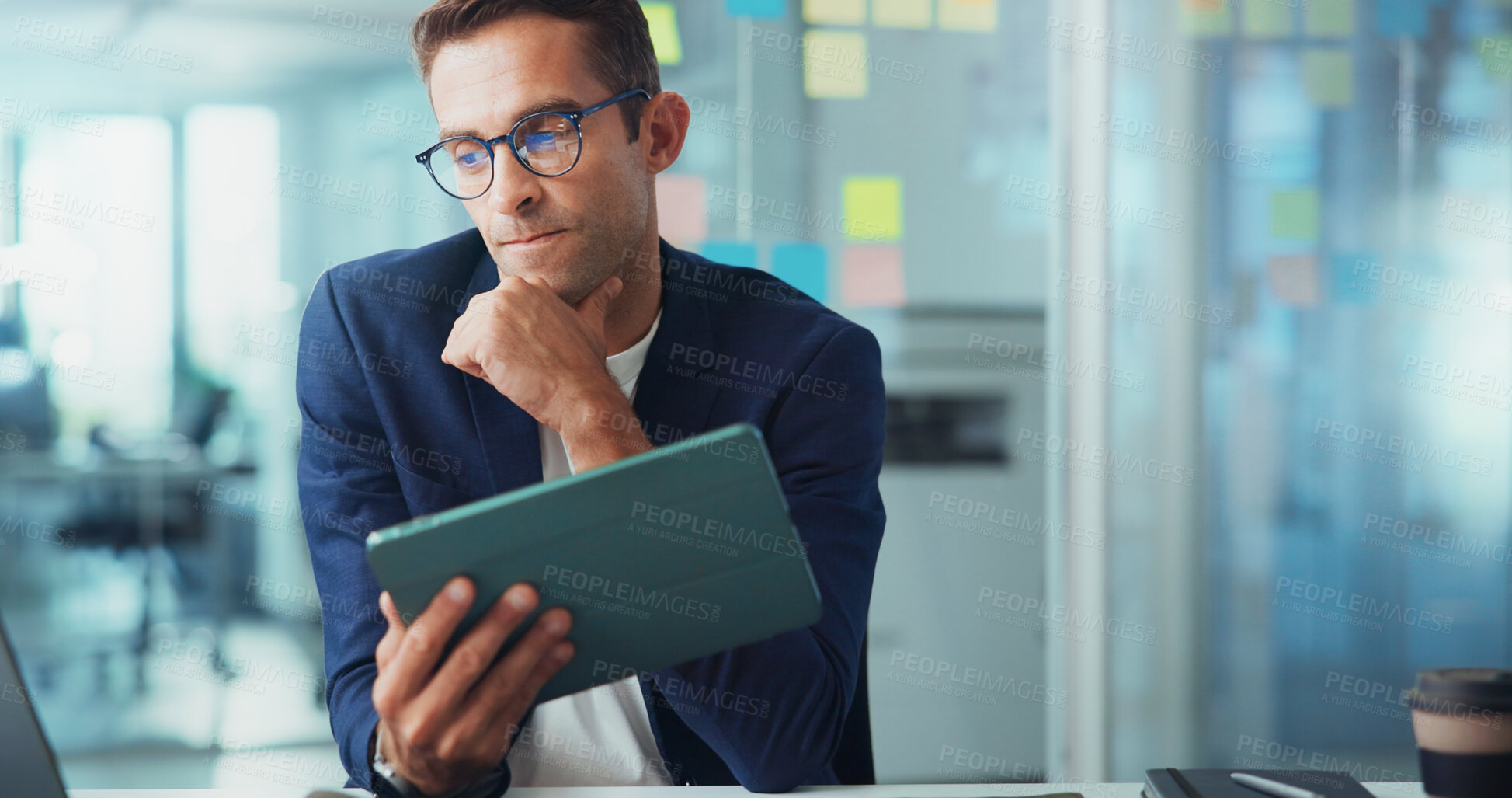 Buy stock photo Business solution, tablet and man with thinking for campaign inspiration, problem solving or email marketing ideas. Creative agency, space or employee with planning for project management or decision