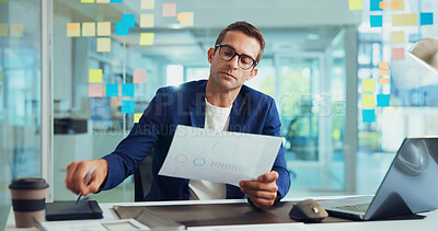 Buy stock photo Businessman, documents and analysis with laptop for finance or company performance at office desk. Man, employee or analytics with paperwork for graph, chart or data on business growth at workplace