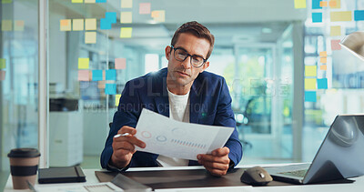 Buy stock photo Businessman, finance or documents with statistics for analytics or company performance at office. Man, employee or financial analyst with paperwork or chart for business growth or report at workplace