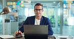 Business, laptop and man in office, internet and planning for project, research and connection. Person, employee and consultant in workplace, sales agency and computer for website info and planning