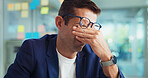 Professional, man and headache with eye strain in office with brain fog, glasses migraine or wrong prescription. Creative agency, editor and stress for deadline pressure, overworked or blurred vision