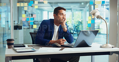 Buy stock photo Bored, laptop and thinking with business man at desk in office for administration or planning. Computer, idea or vision and unhappy employee with depression in workplace for compliance or deadline