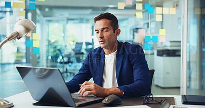 Buy stock photo Business, laptop and man in office, decision and planning for project, research and choice. Person, employee and consultant in workplace, sales agency and computer for website info and thinking