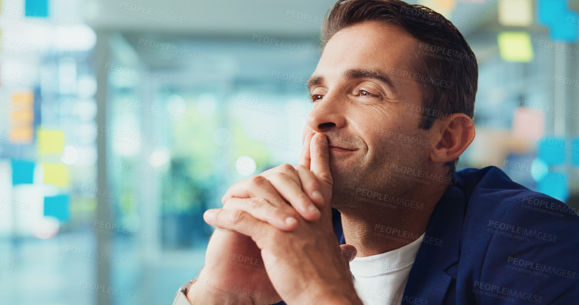 Buy stock photo Creative, solution and man with thinking in office for campaign inspiration, problem solving and ideas. Design agency, space and business person with smile for project management, planning and vision