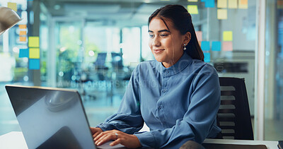 Buy stock photo Business, laptop and woman in office, internet and planning for project, online reading and connection. Person, employee and consultant with idea, sales agency or computer for website info or network