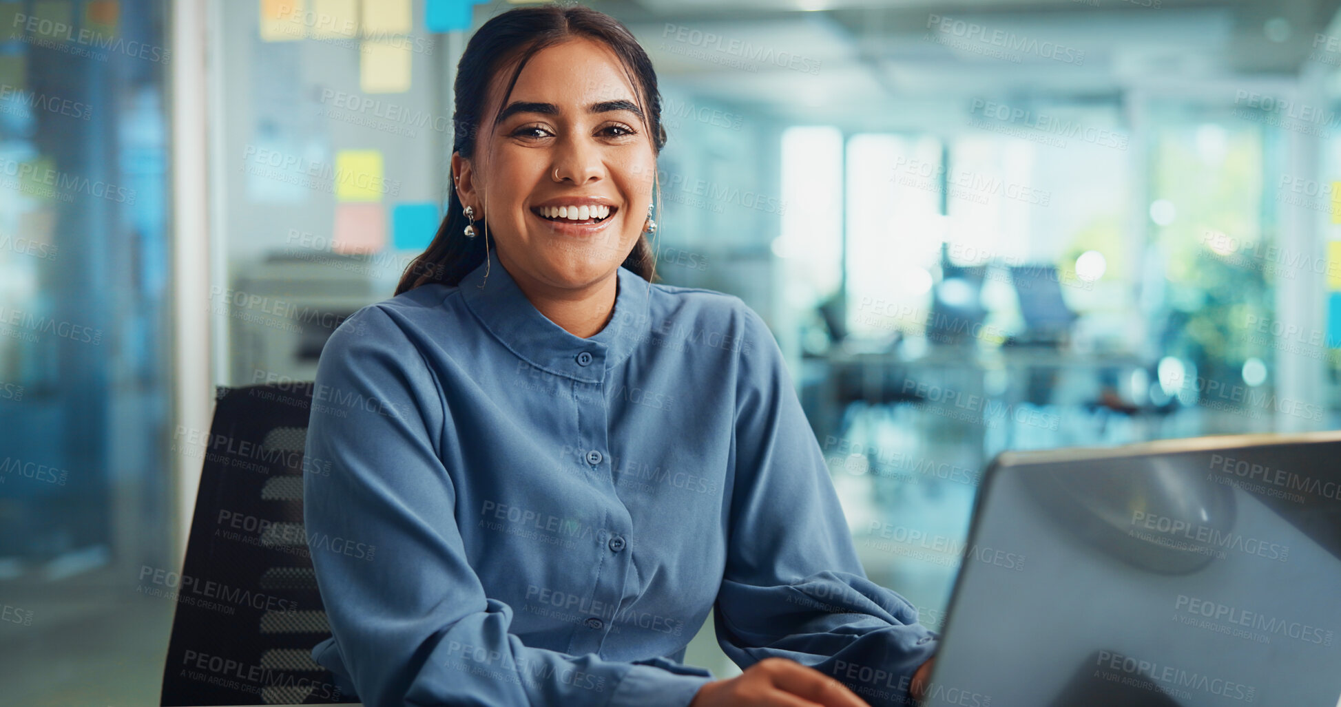 Buy stock photo Creative, woman and portrait with laptop in office for article proofreading, story editing and news publication. Editor, person and tech at magazine agency for info verification and online research