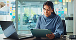 Business, tablet and woman in office, thinking and connection with planning for project. Person, choice and employee with tech, app and productivity with website info, creative and email for approval