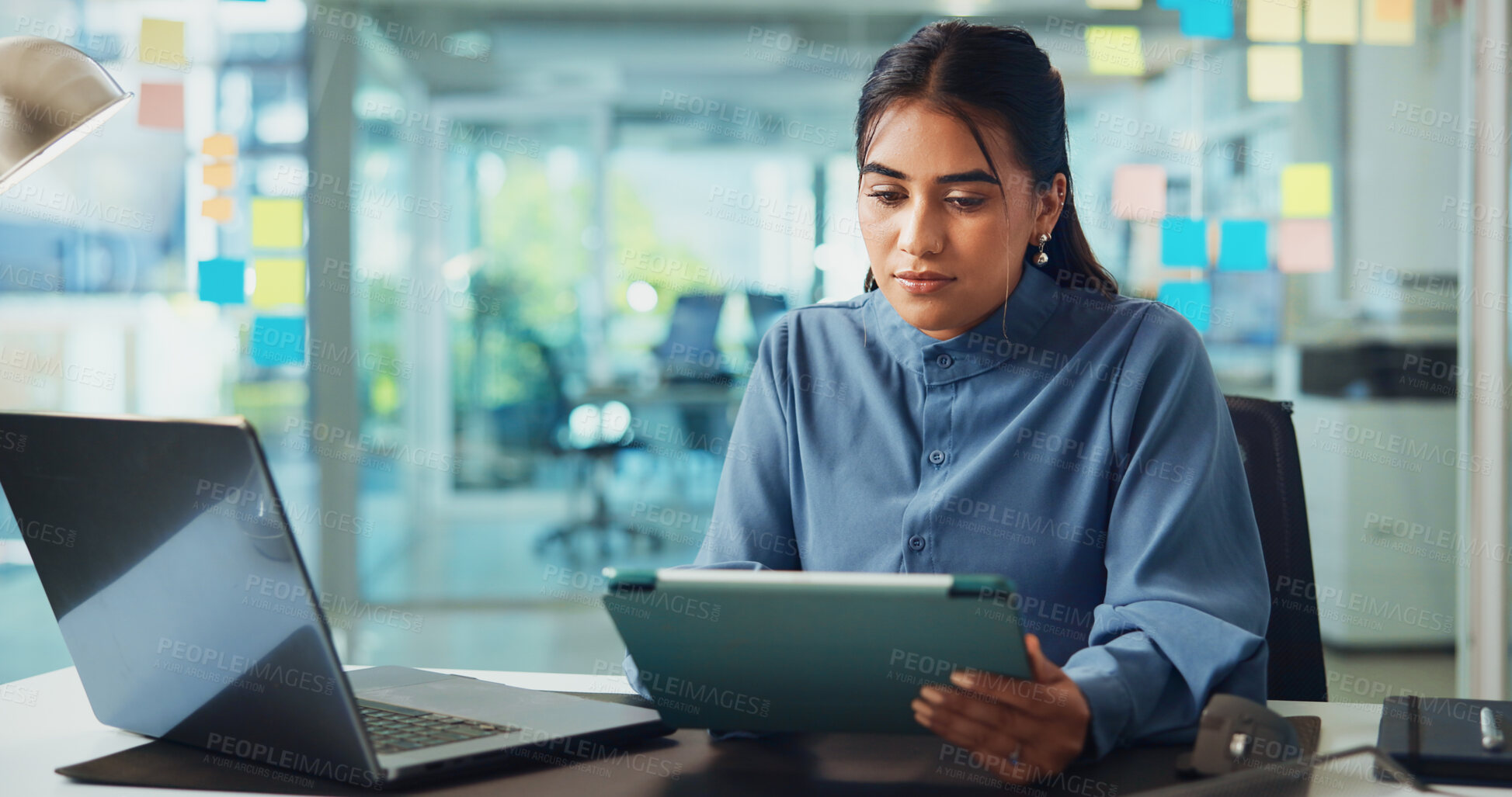 Buy stock photo Business, tablet and woman in office, thinking and connection with planning for project. Person, choice and employee with tech, app and productivity with website info, creative and email for approval