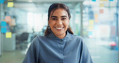 Buy stock photo Creative, woman and portrait with smile in office for career growth, project management and confidence. Employee, editor and happy at media agency for professional service, development and about us