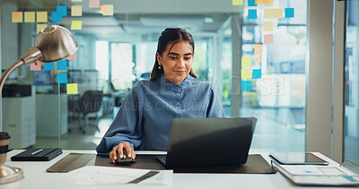 Buy stock photo Business, laptop and woman in office, internet and planning for project, research and connection. Person, employee and consultant with sales agency, website info and computer with decision or network