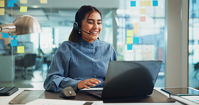 Buy stock photo Business, laptop and woman with microphone on video call for client enquiry, virtual meeting and campaign planning. Media specialist, office and webinar for marketing project and online consultation