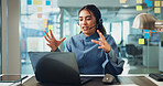 Creative, laptop and woman with headset on video call for customer enquiry, virtual meeting and campaign update. Media specialist, office and webinar for marketing project strategy, planning or ideas