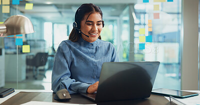 Buy stock photo Happy, laptop or woman with microphone on video call for customer enquiry, virtual meeting or campaign update. Creative agency, media specialist and ideas for marketing project management or planning