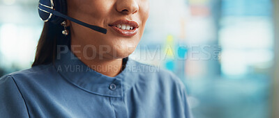 Buy stock photo Business woman, mouth and consultant with headset for online advice, help or support at office. Closeup, banner or female person talking with mic for CRM, communication or virtual assistant on call