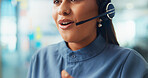 Woman, mouth and agent with headset for online advice, help or support agency at office. Closeup, female person or consultant talking on mic for CRM, communication or virtual assistant at call center