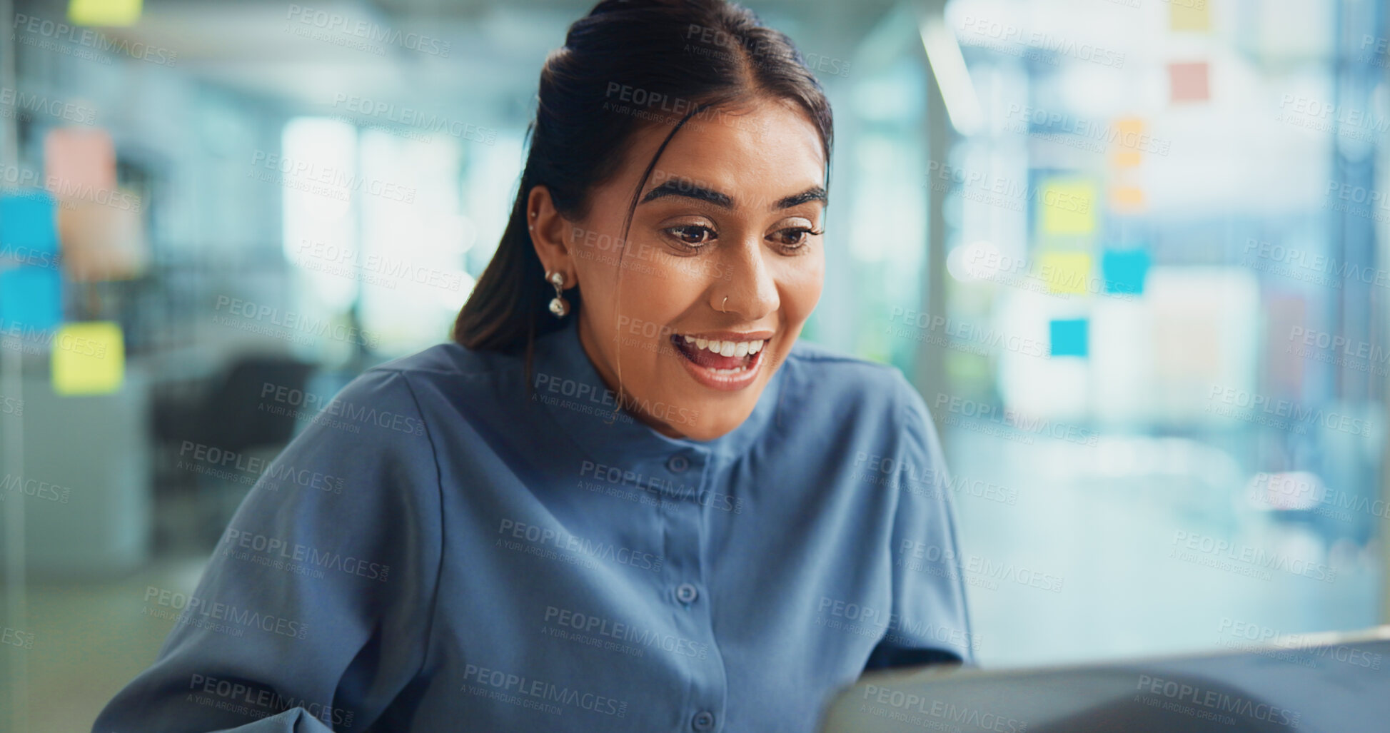 Buy stock photo Creative, woman and surprised with laptop in office for positive campaign feedback or website launch. Digital marketer, space or excited for email marketing success, target goal or growth performance