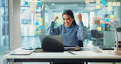 Buy stock photo Creative, woman and laptop with celebration at desk for campaign success, website launch or positive feedback. Digital marketer, employee and excited for company achievement, sale target or kpi goals