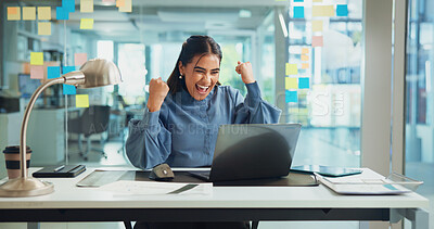 Buy stock photo Creative, woman and laptop with celebration in office for campaign performance, website launch and good news. Digital marketer, employee and excited for email marketing success or company achievement