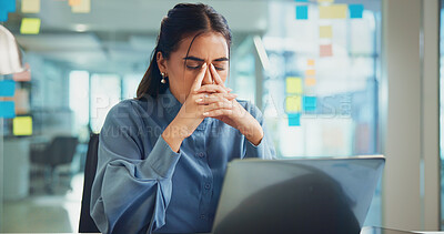 Buy stock photo Frustrated woman, laptop and headache with stress for deadline, mistake or project planning at office. Female person, creative employee or planner with migraine on computer for pressure at workplace