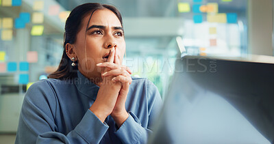 Buy stock photo Business, laptop and woman with ideas, thinking and planning for project, creativity and choice. Person, employee and consultant in workplace, sales agency and computer for website info and decision