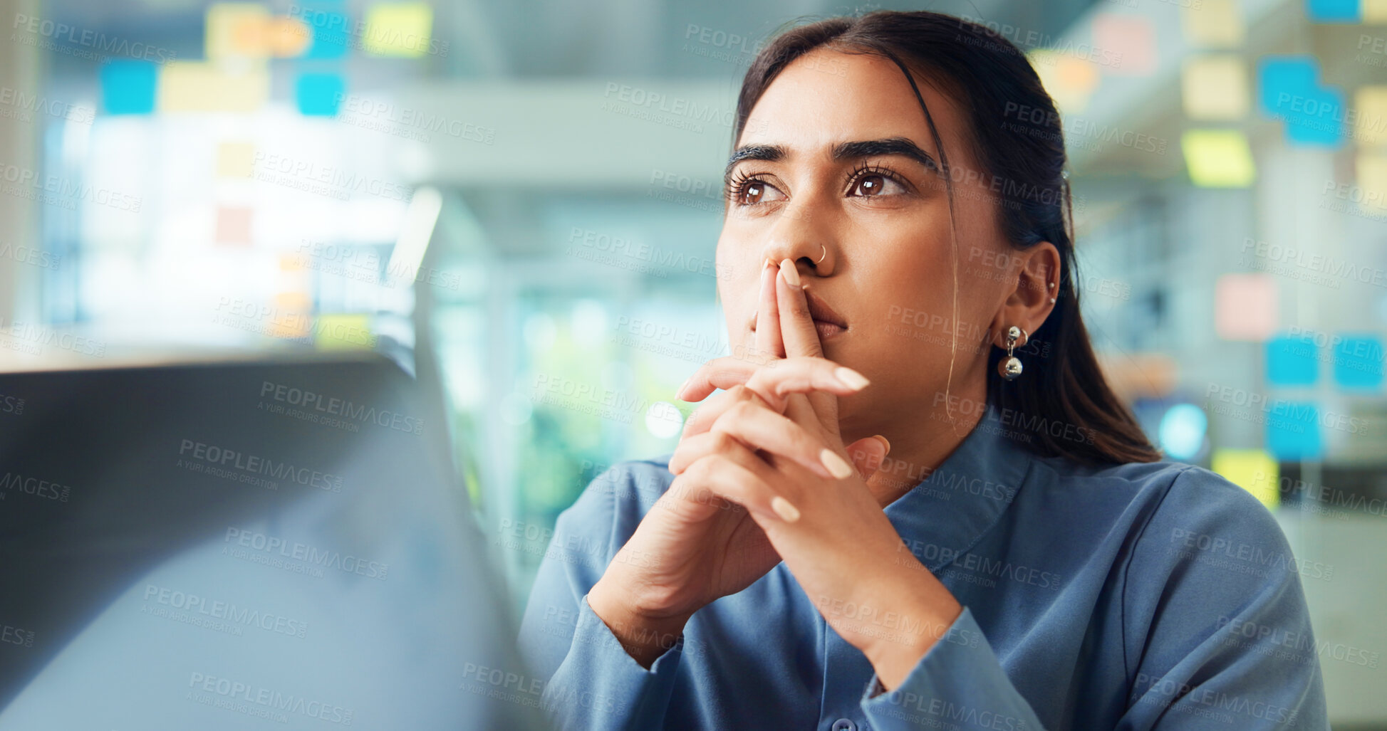 Buy stock photo Business, laptop and woman with ideas, thinking and planning for project, research and sales agency. Person, employee and consultant in workplace, decision and computer for website info or creativity