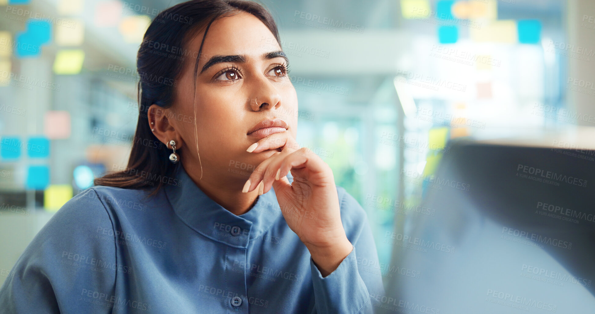 Buy stock photo Business solution, laptop and woman with thinking for social media campaign ideas, planning or marketing strategy. Creative agency, digital marketer and inspiration for project management or decision