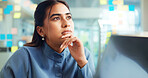 Business solution, laptop and woman with thinking for social media campaign ideas, planning or marketing strategy. Creative agency, digital marketer and inspiration for project management or decision