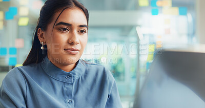Buy stock photo Business, journalism or Indian woman on laptop in office for editor feedback, news publication or web review. Creative, check or journalist at media press agency for story, editing or proofreading