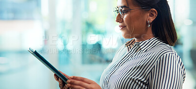 Buy stock photo Business, tablet and woman in office, internet and connection with social media. Person, profile and employee in workplace, technology and professional with website info, email for approval and app