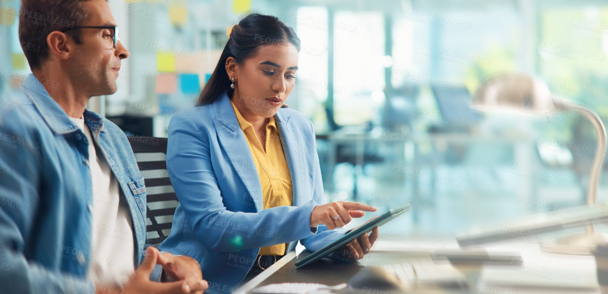Buy stock photo Tablet, connection and business people in office, teamwork and brainstorming for project. Email, coworking and employees with tech, website info update or cooperation with digital app or creativity