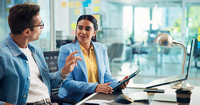 Buy stock photo Tablet, discussion and business people in office, teamwork or planning for company website launch. Talking, coworking or employees with tech, brainstorming for creative agency or cooperation with app