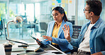 Tablet, discussion and business people in office, cooperation or planning for project. Support, coworking or employees with tech, brainstorming for sales agency or creativity with digital app or talk