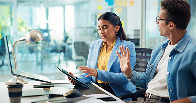 Buy stock photo Tablet, discussion and business people in office, cooperation or planning for project. Support, coworking or employees with tech, brainstorming for sales agency or creativity with digital app or talk