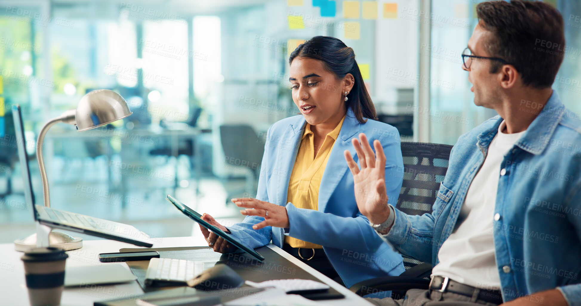 Buy stock photo Tablet, discussion and business people in office, cooperation or planning for project. Support, coworking or employees with tech, brainstorming for sales agency or creativity with digital app or talk