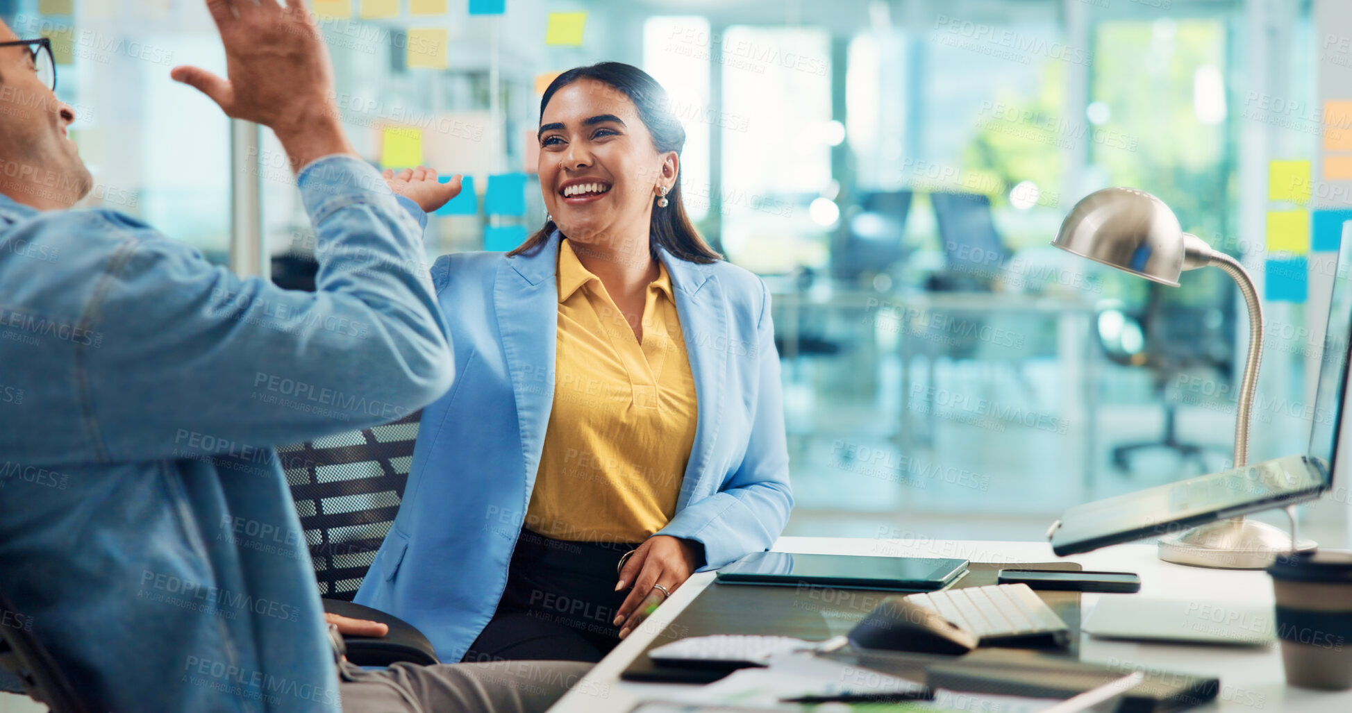 Buy stock photo Happy, business people and teamwork with high five for promotion or congratulations at office. Businessman, woman or colleagues with smile or well done for winning, success or good job at workplace
