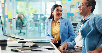 Buy stock photo Business people, laptop and teamwork in office, smile and meeting for project, sales growth and talking. Employees, coworking and consultant with creative agency, pc and discussion with productivity