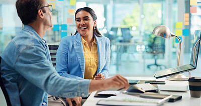 Buy stock photo Business people, laptop and funny with teamwork, discussion and meeting for feedback. Employees, coworking and consultant for sales agency, pc and cooperation with productivity, share ideas or review