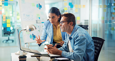 Buy stock photo Business people, laptop and teamwork with shock, mistake and meeting for feedback. Employees, surprise and consultant for sales agency, pc and website glitch with email for company review or stress