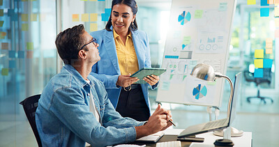 Buy stock photo Tablet, productivity and business people in office, teamwork and feedback for project, talking and tech. Email, coworking or employees with collaboration share ideas or brainstorming with digital app