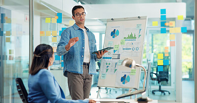 Buy stock photo Tablet, presentation or business people in office, teamwork or charts with KPI targets. Planning, meeting or employees with tech, brainstorming for sales growth or cooperation with graphs or feedback