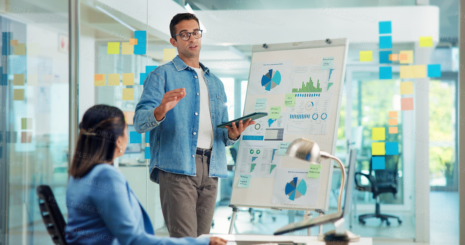 Buy stock photo Tablet, presentation or business people in office, teamwork or charts with KPI targets. Planning, meeting or employees with tech, brainstorming for sales growth or cooperation with graphs or feedback