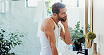 Beauty, inspection and mirror with man in bathroom of home for hygiene or morning routine. Checking, satisfaction and skincare with happy person in apartment for cleaning, grooming or shaving