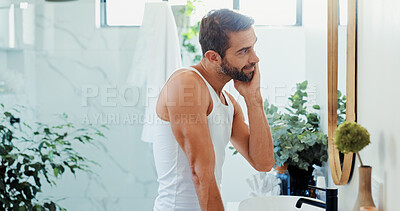 Buy stock photo Beauty, inspection and mirror with man in bathroom of home for hygiene or morning routine. Checking, satisfaction and skincare with happy person in apartment for cleaning, grooming or shaving