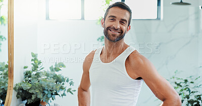 Buy stock photo Portrait, smile and man in bathroom, skincare and confidence with routine, hygiene and cosmetics. Face, apartment and happy person with pride, grooming and treatment with dermatology, home and beauty