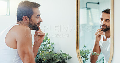 Buy stock photo Happy man, mirror or morning with beard for grooming routine, face wash or hygiene in bathroom. Male person, clean or fresh trim with smile for facial treatment, skincare or reflection at house