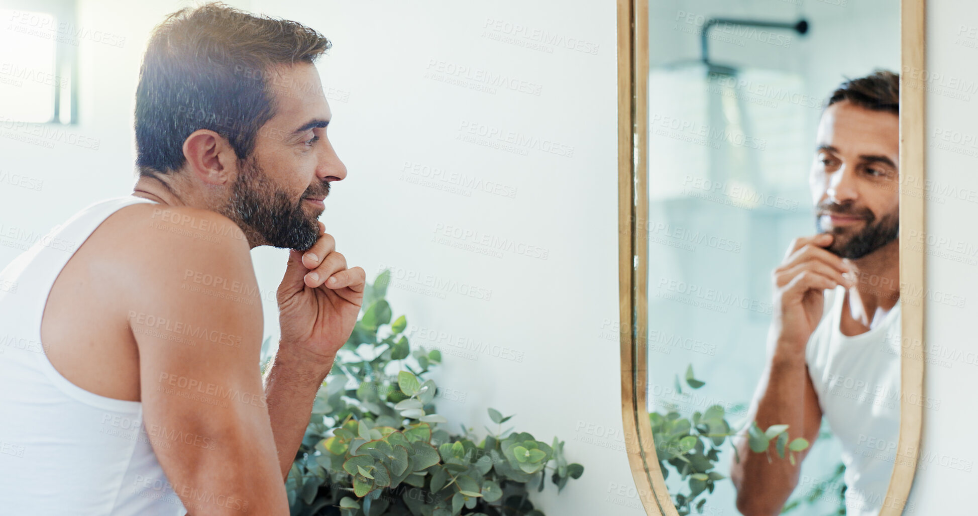 Buy stock photo Happy man, mirror or morning with beard for grooming routine, face wash or hygiene in bathroom. Male person, clean or fresh trim with smile for facial treatment, skincare or reflection at house