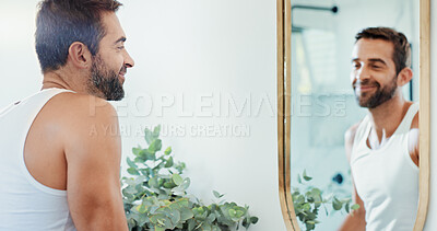 Buy stock photo Beauty, cleaning and mirror with happy man in bathroom of home for hygiene or morning routine. Profile, satisfaction and skincare with person in apartment for checking, grooming or inspection