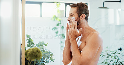 Buy stock photo Man, skincare and lotion with moisturizer for grooming, facial treatment or skin protection at home. Male person, morning or routine with face cream, SPF or anti aging cosmetics for dermatology