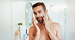 Happy man, portrait or lotion with mirror for skincare, grooming or facial treatment at home. POV, male person or reflection with moisturizer, face cream or SPF for anti aging cosmetics in bathroom