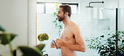 Buy stock photo Home, razor and man in bathroom, shaving and shirtless with facial grooming routine, morning and hygiene. Person, apartment and guy with cosmetic tools, skincare and health with beauty and aesthetic